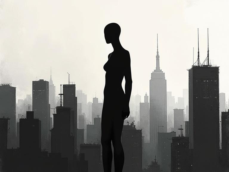 Faceless mannequin silhouette against a city landscape. Minimalist abstract illustration with a bold monochrome background. Sharp color contrasts create clean negative space. Surreal and emotive composition gives a fashion editorial vibe. High-concept visual storytelling shines through.