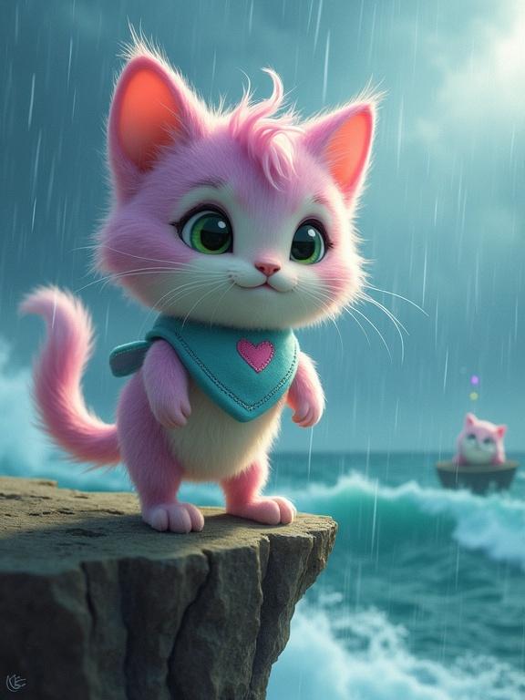 Whiskers is a fluffy kitten with pink and lavender fur. He stands on a cliff edge during a storm. Rain and wind blow, lightning strikes behind him. He gazes down with determination. The ocean is visible below, hinting at something sinking.