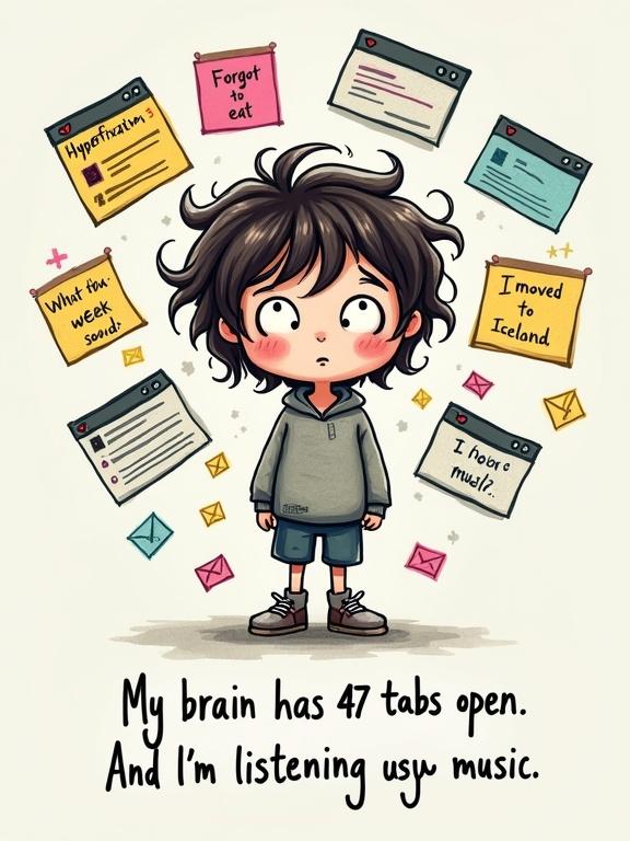 Hand-drawn cartoon character with messy hair wide eyes and scattered sticky notes. Floating browser windows and chaotic icons around them. Quote below the character about mental overwhelm. Transparent background with 5% empty space around the design.
