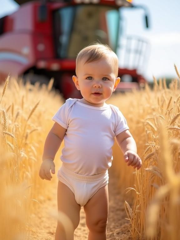 Baby in golden wheat field wearing white onesie and diaper. Baby looks at camera with curious expression. Surrounded by tall wheat under sunny sky. Red combine harvester in background slightly blurred. Scene captures serene rustic atmosphere blending childhood innocence with nature and agriculture.
