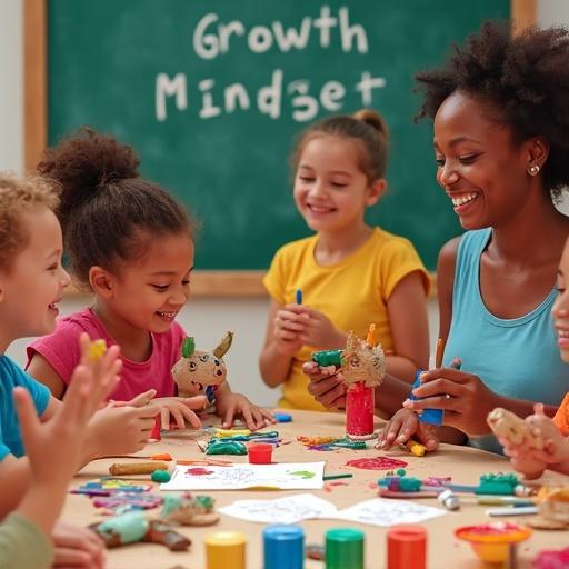A group of children involved in crafting activities. They're using bright paints on paper-mâché projects. The scene shows various art supplies scattered around. The backdrop includes a blackboard with 'Growth Mindset' written on it. The style is playful and colorful.