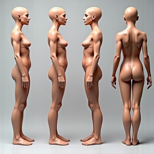 Athletic female model in various positions, including frontal, side, and back views; poses include squatting and jumping. Detailed description of body measurements and physical attributes.