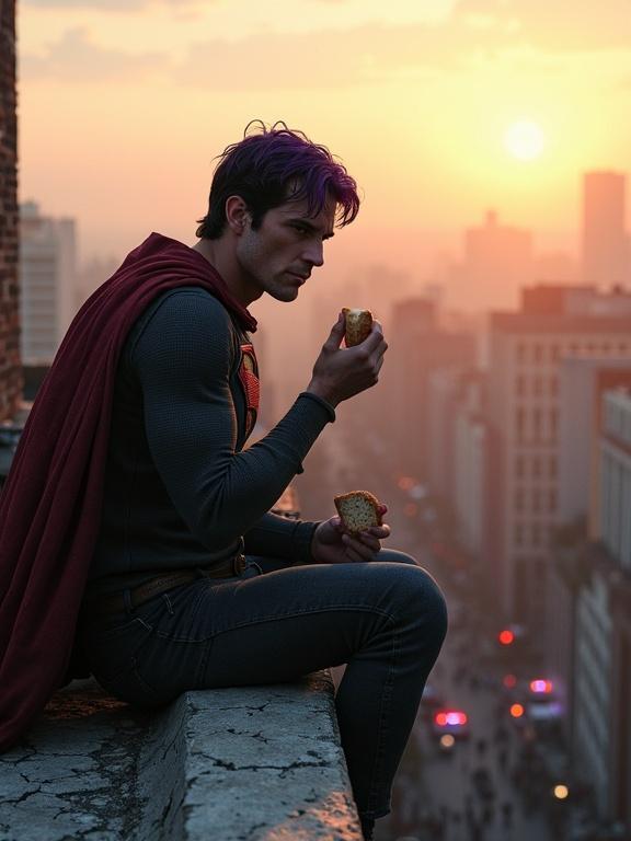 Photo-realistic image of a superhero with purple hair seated on a rooftop. He is dressed in ragged clothes. Eating a piece of bread. The city is in chaos below. Early morning sun creates an orange glow. The rooftop is cracked and weathered. The character's eyes show quiet strength.