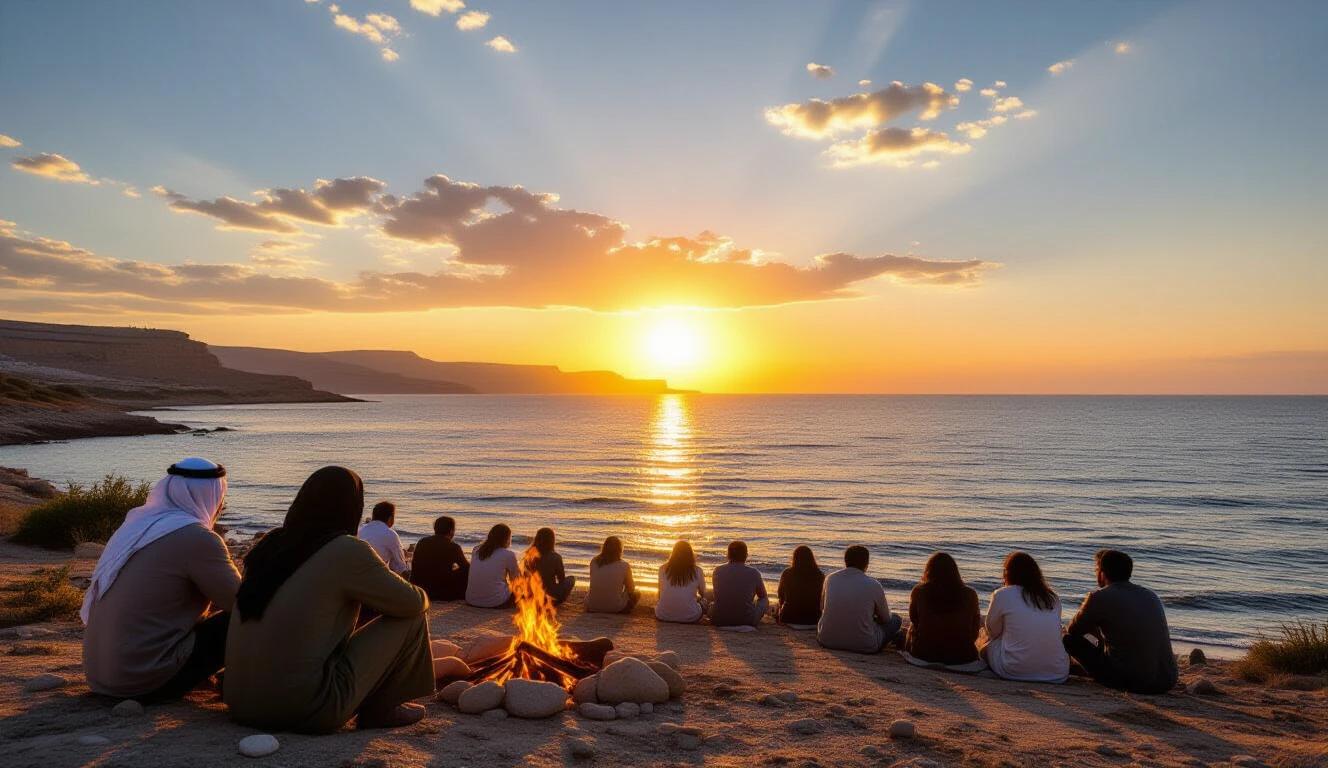 Hebrew people sit by the sea during a sunset. They gather around a fire. The group looks toward the horizon. The sea reflects golden sunlight. The sky is clear with a few clouds. A sense of contemplation fills the air.