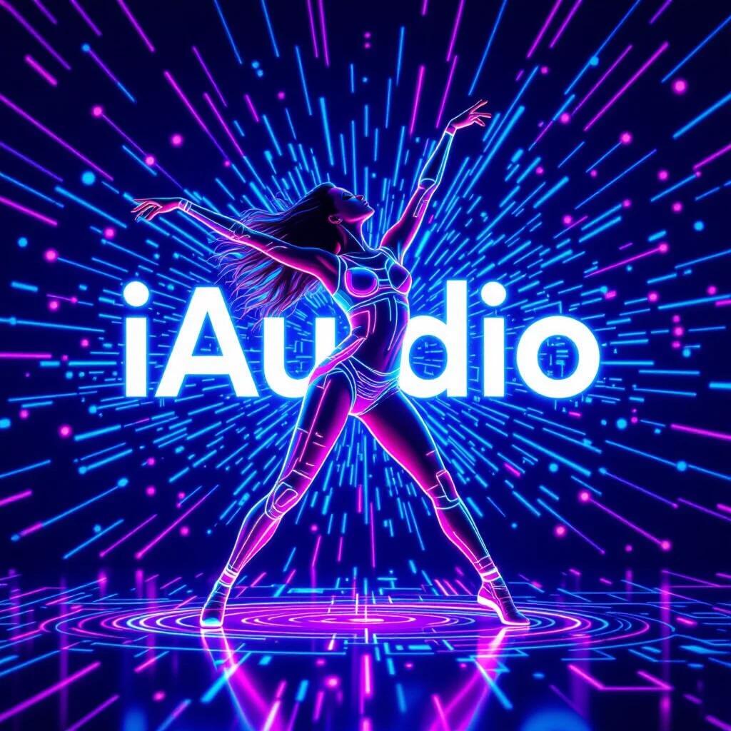 Create a futuristic image featuring a humanoid dancer made of neon light lines. Dancer is inspired by the visual style of the word 'iAudio'. Dancer is in a dynamic pose with arms raised. Body consists of beams of light and particles. Background has circular and digital patterns, resembling circuit patterns. Setting is vibrant and digital, resembling a virtual dance floor in dark space.