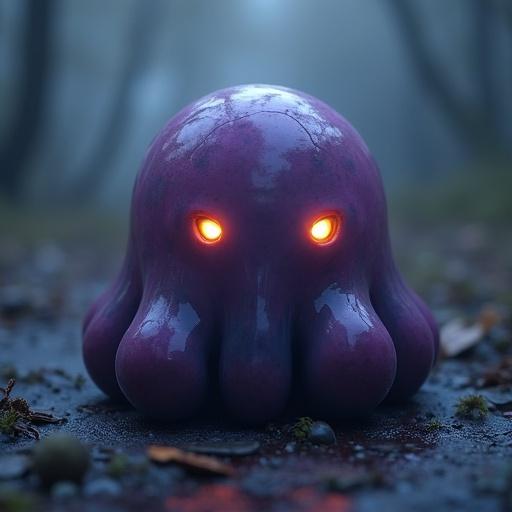 Smooth amorphous blob monster without limbs or appendages. Glossy semi-translucent texture with organic details. Glowing eyes embedded in the body. Colors shift between dark purples and blues with faint highlights. Floating or resting in a surreal environment. Digital art style with cinematic lighting.