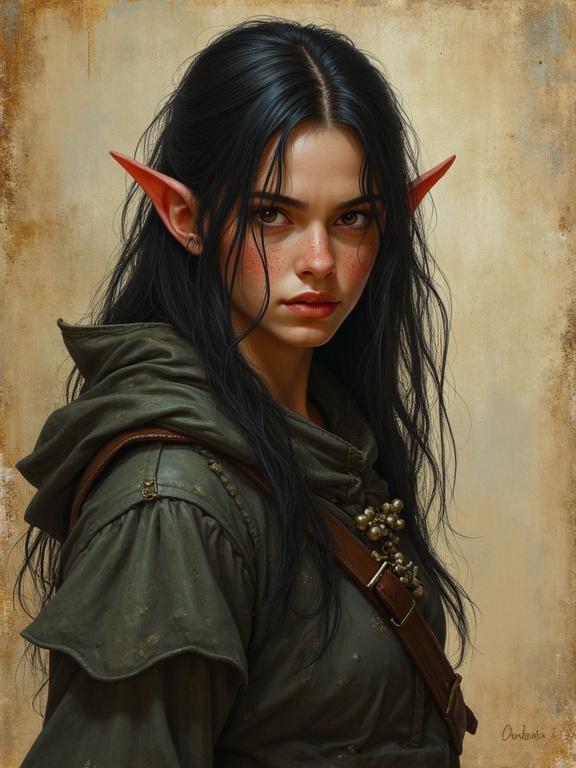 A halfling thief with long dark hair and almost pointed ears. Freckles across the face. Brown eyes, sly expression. Wearing a hooded cloak. Background resembles worn parchment. Digital art inspired by Antonio J. Manzanedo. Fantasy style with semi-realistic elements.