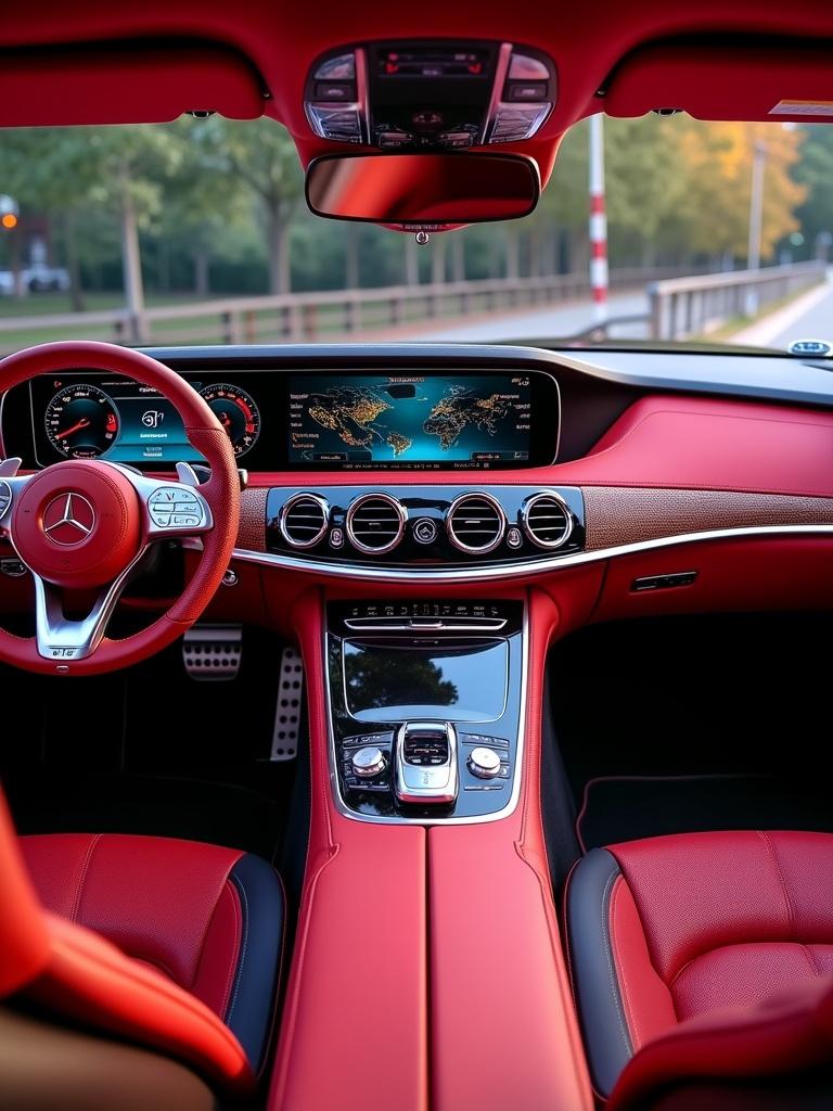 ULTRA HIGH REALISM interior of a Mercedes Maybach Exelero with a big monitor and TV in dashboard. Interior features a shiny mirror red color, fully modified, and displayed in an auto show.