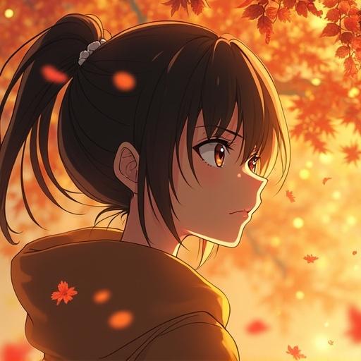 Dramatic anime scene features young woman with intense expression. Behind, golden cherry blossoms swirl magically in the air. Glowing petals float around. Mysterious aura with warm golden light illuminating scene. Dynamic composition creates fantasy atmosphere. Semi-realistic anime style with soft glowing effects and cinematic lighting. Strong emotional tension captured in delicate details of petals and character silhouette.