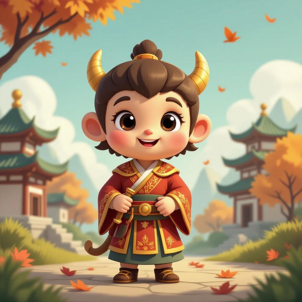 3D cartoon character design featuring a young boy with soft golden short hair and monkey-like features. The boy has a round and full face with bright, clear big eyes and a small, delicate nose. He is dressed in colorful ancient clothing.