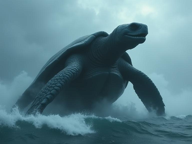 dark ocean scene featuring a massive humanoid turtle monster rising from stormy waves. Turtle has dark greyish blue skin, two upward tusks, and a thick textured shell. The atmosphere is filled with mist, rain, and turbulent waves. Detailed silhouette with a focus on realism and dramatic lighting.