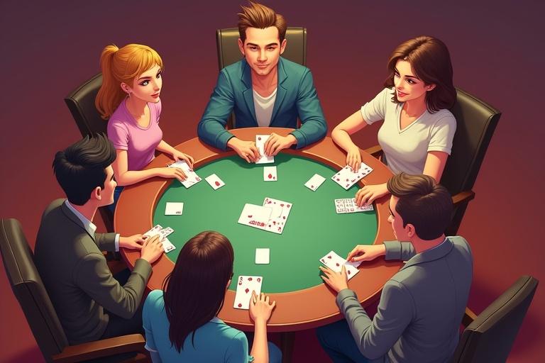 Lively 2D scene of diverse individuals engaged in a rummy game with characters seated around a table holding cards. Emphasis on strategic gestures and expressions. Modern 2D cartoon style captured from an overhead angle. Central card deck and discard pile visually represented. Marine-colored card backs and scorecards featured. Soft directional lighting for texture.