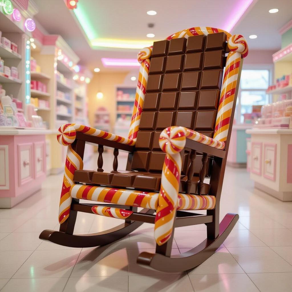 Whimsical rocking chair made of giant chocolate bars. Candy shop interior with colorful lighting. Playful and dreamy atmosphere.