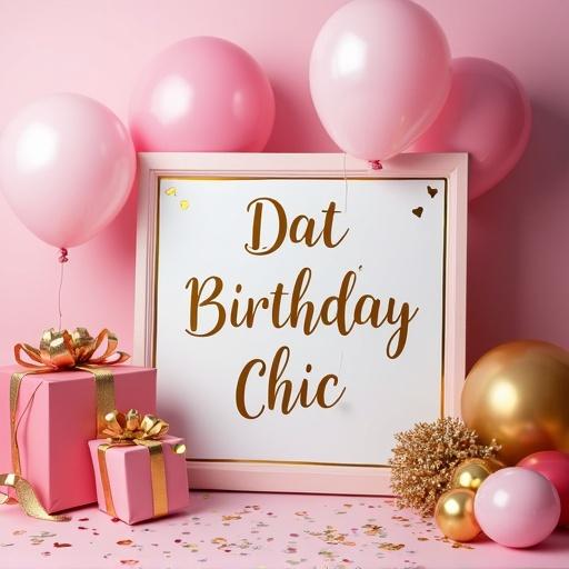 Create a sign for a birthday in pink, gold, and silver colors featuring the text. Add balloons, confetti, gifts with ribbons.