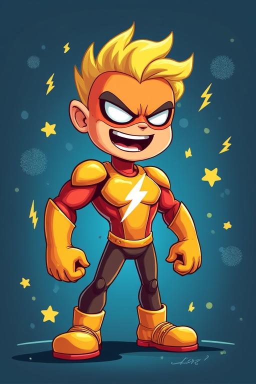 Stylized cartoon lightning man mascot with spiky blonde hair wearing a yellow and red suit. Dynamic pose showcasing power and confidence. Background features stars and lightning motifs.