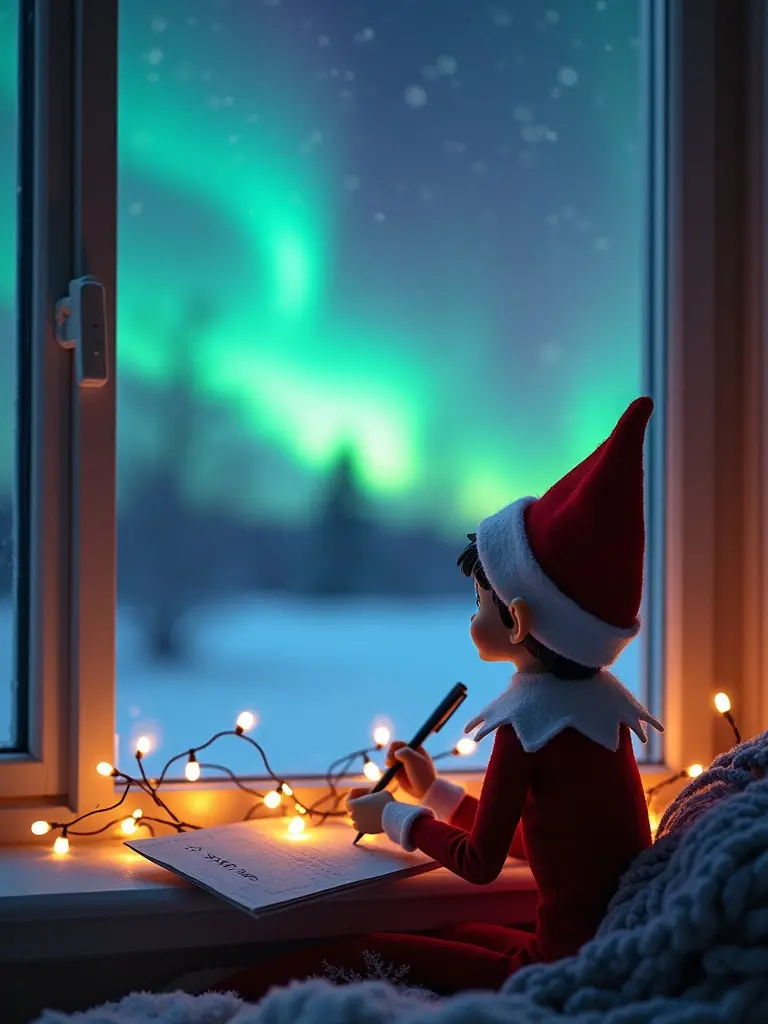 An elf gazes at the northern lights from a window. The elf holds a pen and notebook. The elf wears traditional Christmas colors. A snowy landscape is outside. Fairy lights are on the window sill. The aurora borealis lights up the sky.