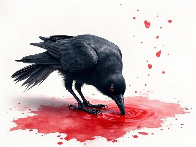 Watercolor splash technique showcases a crow hunched over. The bird is pecking at a vivid pool of blood. Flecks of blood splash around the crow. The background is plain and bright.