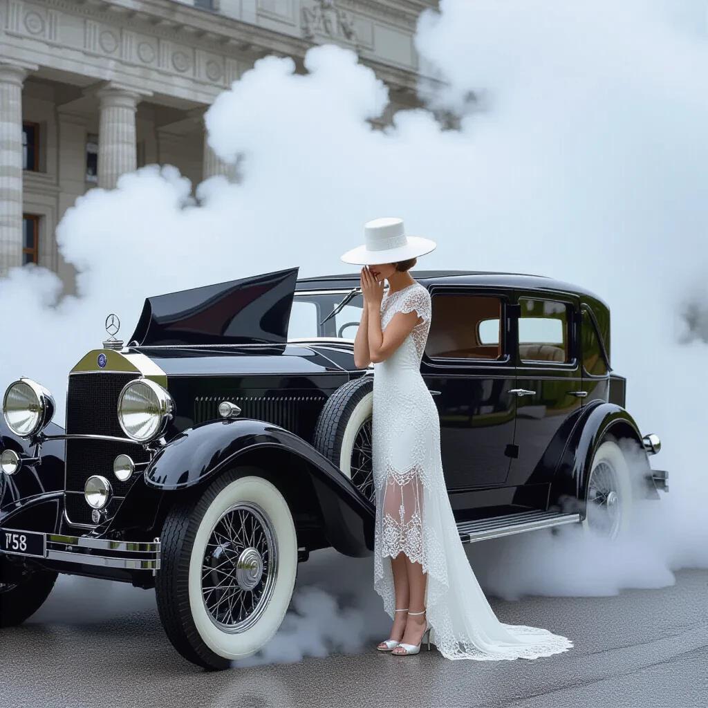 Photorealistic image of a 1928 Mercedes-Benz 18/100 PS Sportwagen. Art Deco socialite standing beside the car wearing a white cloche hat and a short lace dress. Woman leaning over the left side fender with both palms pressed to her cheeks. Head tilted down looking at the steaming engine. Two-piece hood fully opened with steam erupting from the radiator. Background features misty mountains. Comedic despair expression. Shot during golden hour.