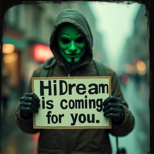 Realistic shot of a man in a green mask. He holds a sign. The sign says HiDream is coming for you. Street setting. Soft focus and distortion are present.