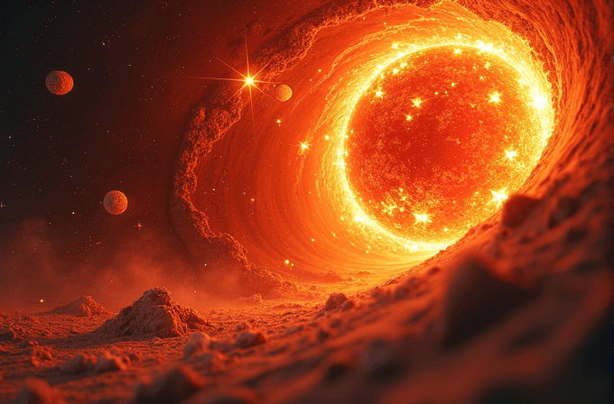 A vibrant, glowing star is encircled by swirling cosmic dust, within a surreal, cratered planetary landscape under a star-spangled sky with moons.