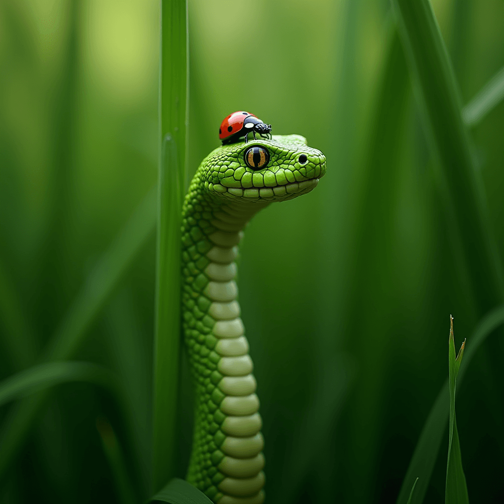 A green snake in tall grass with a ladybug perched on its head.