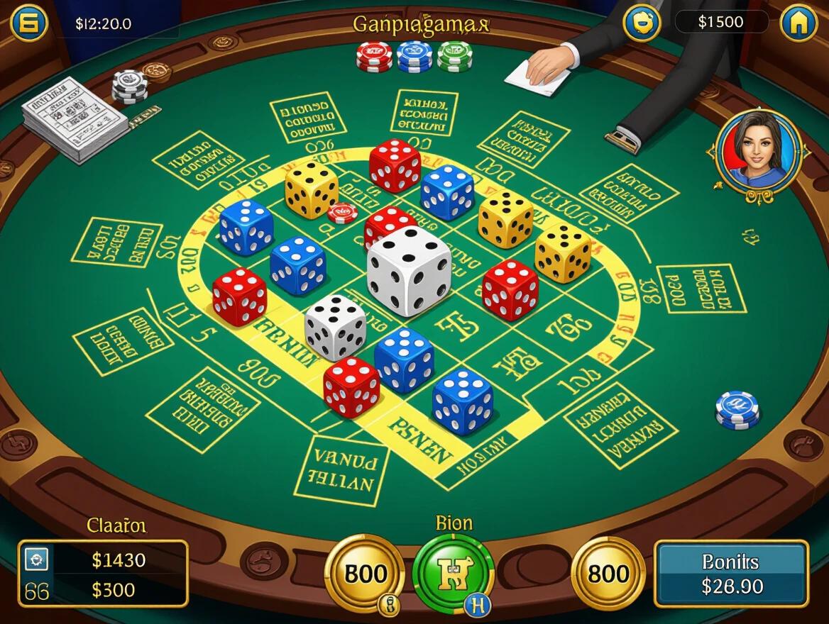 Image of a dice game setup at a casino table. Game elements include colorful dice chips and a green game board. Two hands are placing bets on the table. Money amounts are displayed. The ambiance reflects a gaming environment.