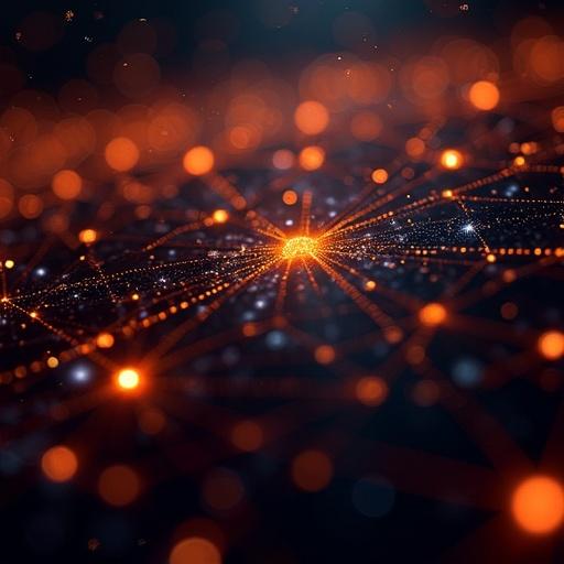 Complex glowing network consisting of interconnected lines and nodes. Bright orange and white colors on a dark background. High-tech sci-fi aesthetic representing visualization of neural networks, data flow and artificial intelligence.