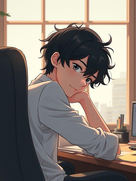 Illustration of a cute young man with black hair sitting behind a desk in an office environment. He leans back, appearing aloof while his head rests on his hand. The scene captures a warm atmosphere with natural sunlight filtering through. Dynamic angle adds visual interest.