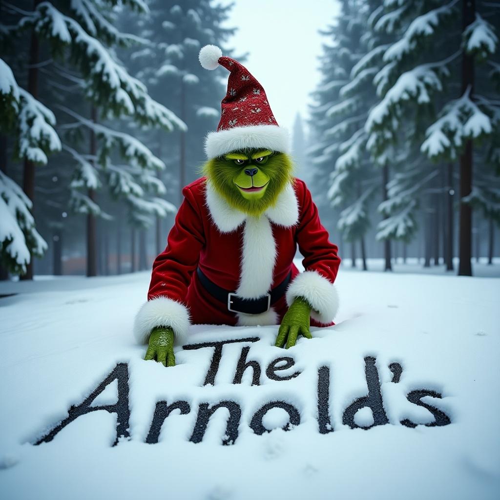 The Grinch in a red Santa suit writes in fresh snow. There is snowfall creating a winter atmosphere. Name 'The Arnold's' is inscribed in the snow. Tall snow-covered trees surround the scene. It captures the festive season and Grinch's charm.