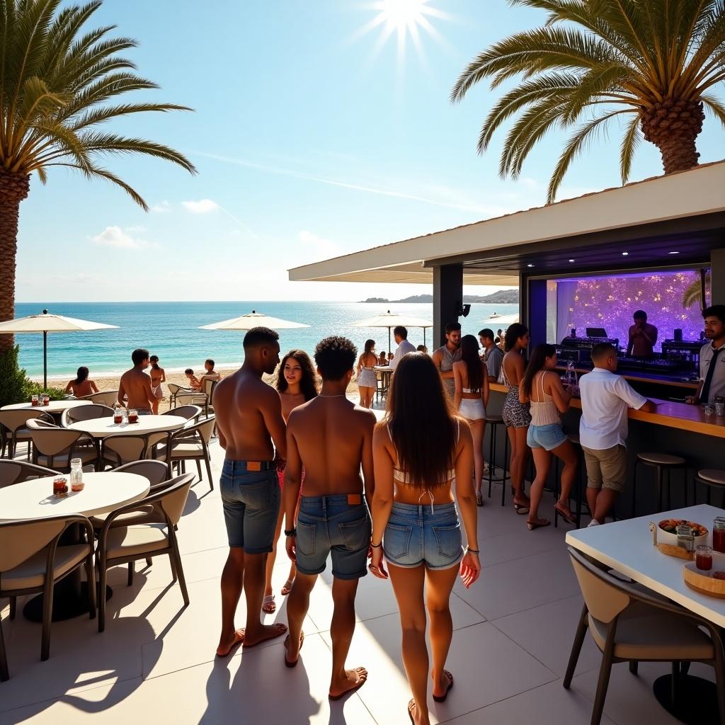 Stylish beach club in Albufeira, Portugal with modern outdoor seating and palm trees overlooking the ocean. A group of diverse people collecting wristbands from staff. DJ performing live music on a stage with colorful lights. Vibrant and relaxed atmosphere with people enjoying drinks and chatting.