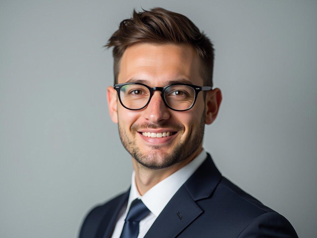 Take this headshot and create a waist-up professional photograph of this person. They should be wearing a suit without a tie. The background should remain neutral to keep the focus on the subject. The person's expression should be confident and approachable. Make sure the lighting is soft, highlighting their features well. The suit should look modern and tailored, reflecting a professional appearance.