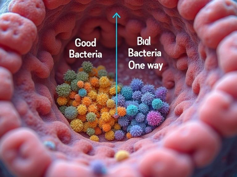 Microscopic view of colorful microbes inside the intestines with labels for Good Bacteria and Bad Bacteria and scale tipping.