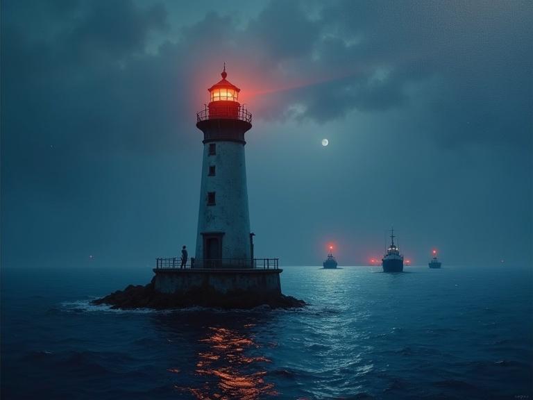 A hyperrealistic oil painting of a lighthouse in the middle of the sea at night. The lighthouse has a red light at the top. There are ships in the background with their lights on. The water is calm and reflects the sky. The sky is overcast, with a few stars visible. The overall image has a dramatic lighting.