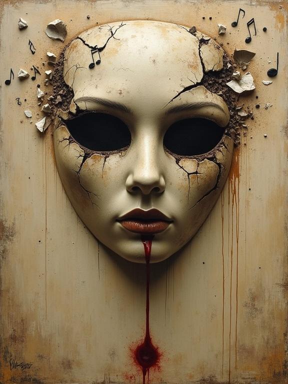 Oil painting with rough textures. Antique style is visible. Broken choir mask at the center. Edges of the mask form musical notes. Single drop of red blood hangs below the mask. Background features scratches and discoloration.