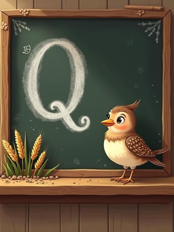 Charming countryside-themed cartoon illustration of a rustic brown chalkboard with a whimsical letter 'Q' in feathery white chalk and an adorable quail bird on the ledge. Include delightful details like chalk-drawn wheat stalks, scattered seeds, and a wooden frame with tiny paw prints. Warm earthy tones with soft textures and farmhouse schoolroom vibe.