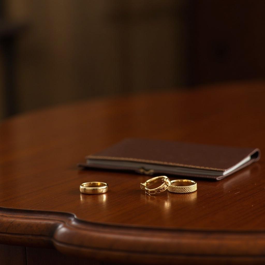 Two gold rings placed on an elegant wooden table. A small brown booklet is next to them.
