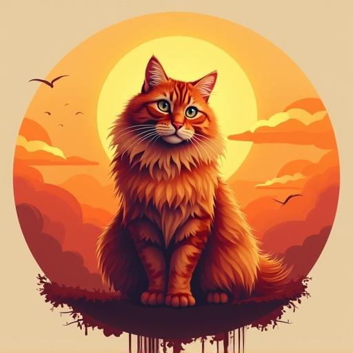 Illustrated Persian cat with long fur in autumn colors. Circular sunset background with a large sun. Cat's round face is the focal point. Gentle cloud formations are present.