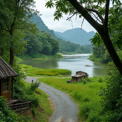 Serene river winding through lush tropical forest near gravel road. Thick bushes and tall wild grass surround the area. Rustic wooden hut rests quietly at the foot of a small hill. Old wooden jetty beside the river with traditional Malaysian sampan tied to it. View captured from leafy tree branch framing the scene. Warm humid atmosphere with rich greenery typical of Malaysia’s countryside.