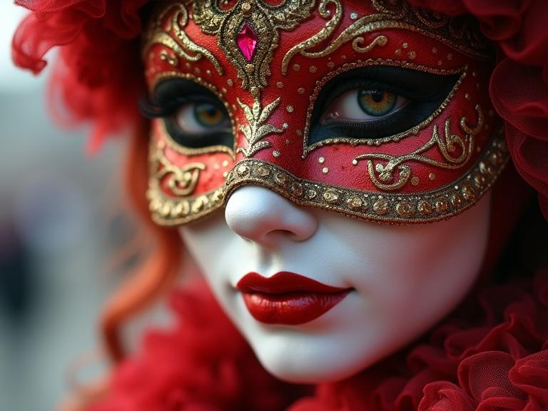 Photorealistic closeup portrait of a beautiful person wearing an ornate, detailed Venetian mask during a carnival in Venice. The mask is richly adorned, evoking mystery and whimsy.