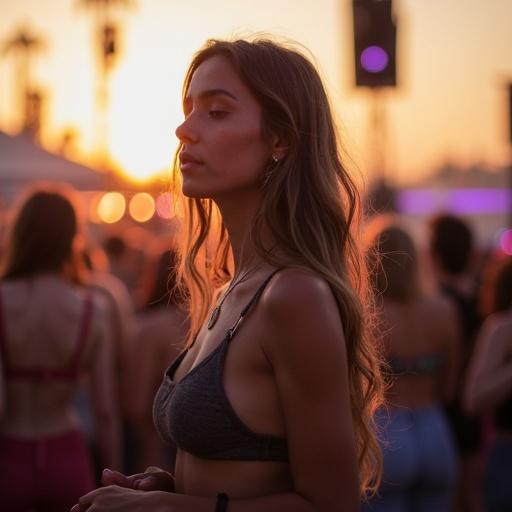 A woman at a music festival during golden hour with warm lighting wearing casual festival attire