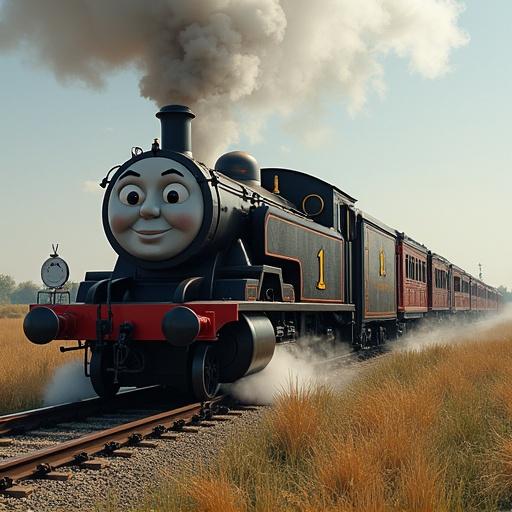 Thomas the Tank Engine is depicted in a vibrant landscape. The train is pulling a line of war weapons including cannon carriages. The character has a friendly and cheerful expression. The scene is bright with fluffy clouds and green grass.