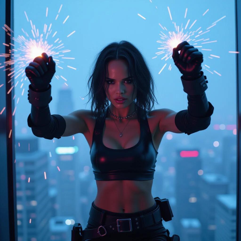 Character clings to a shattered skyscraper window. Sparks fly from gloves while hacking a digital grid. Neon overlays with slick tech-noir styling. Purple-blue key lighting with cyberpunk highlights. Ultra-glossy cinematic finish.
