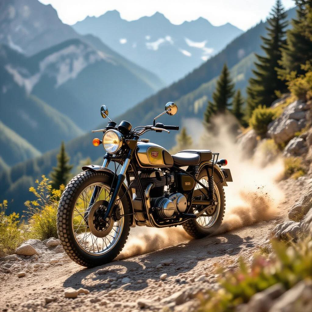 Vintage motorcycle rides on narrow mountain trail. Rocky path with loose stones and dust clouds. Pine forests in misty valleys below. Detailed knobby tires gripping terrain and reflections on brass fuel tank. Engine heat haze visible. Shot with high-quality camera and lens for realistic sharpness. Kodak Autochrome color palette used. Golden hour light with motion blur in the background.