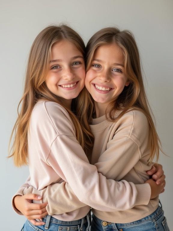 Two girls are hugging each other. They are smiling at the camera. Both girls have light hair. They are wearing casual clothing. The background is neutral. Their expressions are friendly and warm.
