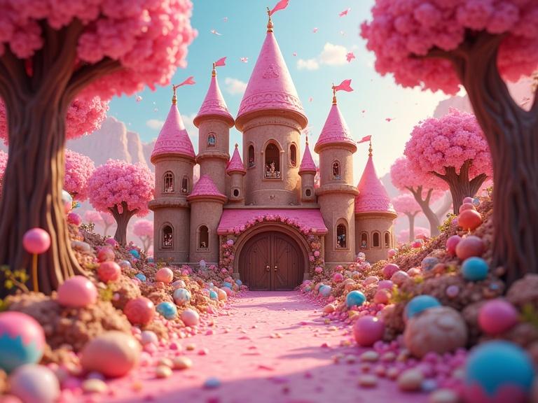 A chocolate kingdom features a whimsical castle surrounded by candy trees and colorful sweets. Art style is playful and colorful, emphasizing hyperrealistic details and dreamy scenery.