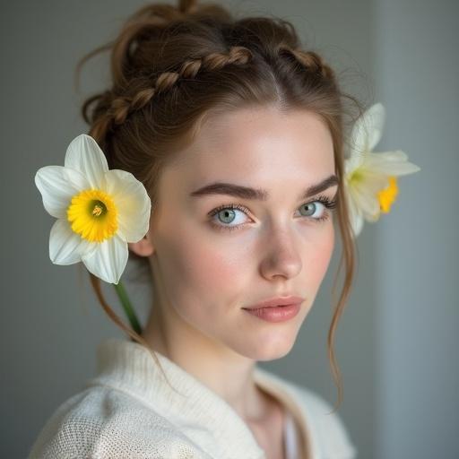 A Scandinavian woman gazes into the camera. She has a white daffodil in her hair. Her hair is braided into a loose bun. The image is a three quarters portrait.