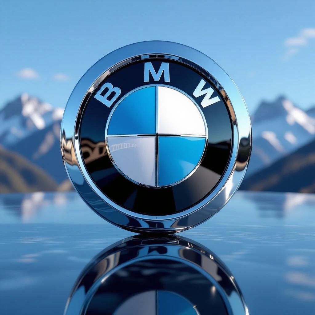 This image shows a close-up of the BMW emblem created in 1936. The emblem is polished chrome with a mirror finish. The blue and white roundel design is quartered. The typography displays the letters 'BMW' in a serif font. The image features microscopic details including machining marks. A distorted reflection of mountains can be seen in the emblem. The photo includes a background of a luxurious environment. The focus is sharp with clear texture.