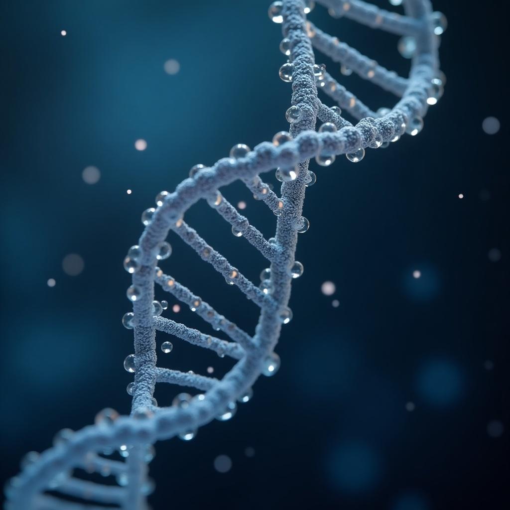 A close-up image of a single strand of DNA. The sequence displayed is CTTGTCCGATATC. The structure appears detailed and surrounded by a soft blue background.