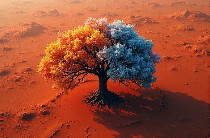 A vibrant tree with multicolored foliage stands in a barren, reddish-orange desert landscape.