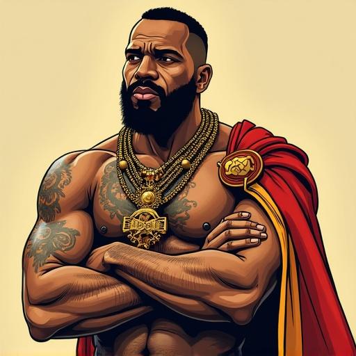 Cartoon illustration of Hannibal Barca. Muscular figure wearing Roman-inspired attire. Features a strong expression and gold accessories. Character is posed with arms crossed.